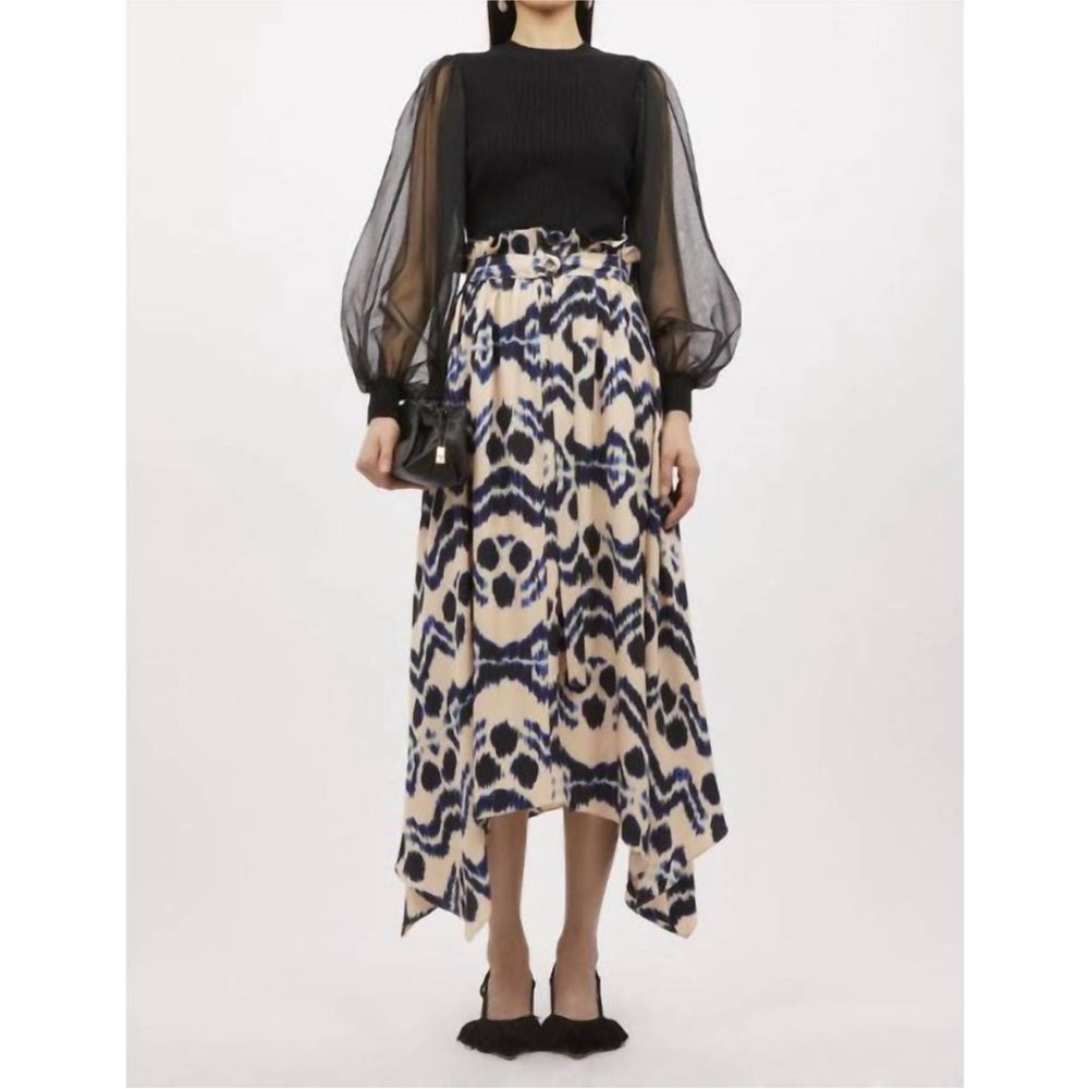 ULLA JOHNSON Zeta Skirt Nimbus‎ Print Belted Midi Skirt Asymmetric Hem Size 4